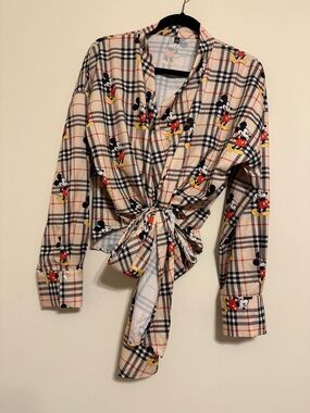 Plaid Mickey Mouse Tie-Front Button Shirt